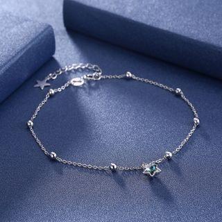 925 Sterling Silver Star Anklet With Blue Austrian Element Crystal Silver - One Size