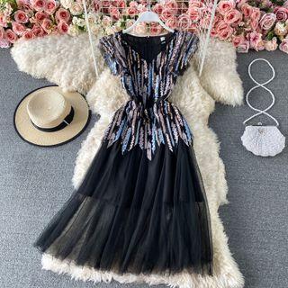 Sequined Round Neck Ruffle Embroidered Short Sleeve Dress