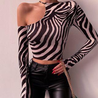 Long-sleeve One-shoulder Zebra Print Top