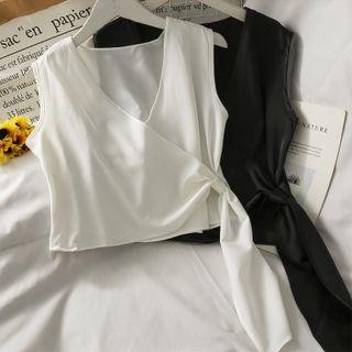 Satin Sleeveless Wrapped Crop T-shirt