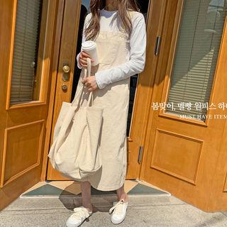 Cotton Long Overall Dress Light Beige - One Size