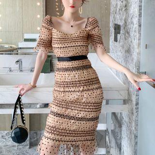 Short-sleeve Dotted Mesh Sheath Dress