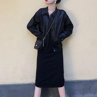 Spaghetti-strap Knit Dress / Faux Leather Jacket