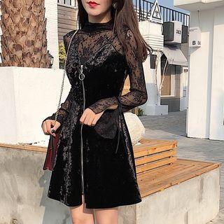Set: Long-sleeve Lace Top + Spaghetti Strap Zip A-line Velvet Dress