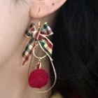 Bow Pom Pom Dangle Earring 1 Pair - Bow & Pompom - Green & Red - One Size