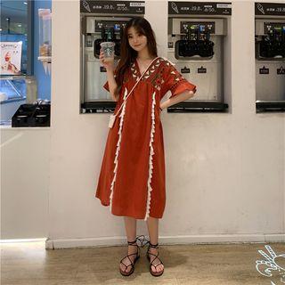 Elbow-sleeve Embroidered Fringe Trim Midi Dress Brick Red - One Size