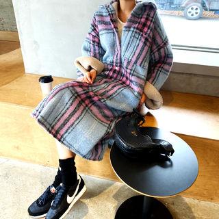 Thick Woolen Plaid Long Shirtdress Sky Blue - One Size