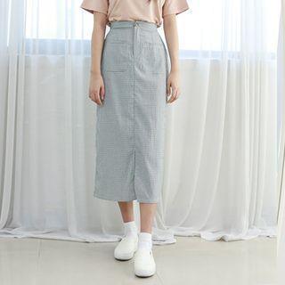 Petite Size Patch-pocket Long Gingham Skirt