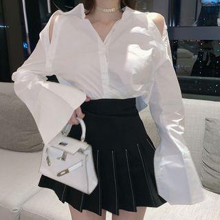 Long-sleeve Open Back Shirt / Mini Pleated Skirt
