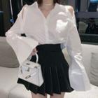 Long-sleeve Open Back Shirt / Mini Pleated Skirt