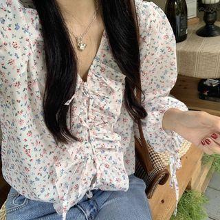 Flower Print Ruffle Blouse White - One Size
