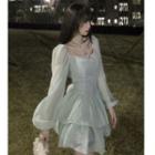Puff-sleeve Square-neck A-line Layered Dress