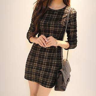 Long-sleeved Sequined Plaid Tunic Dress