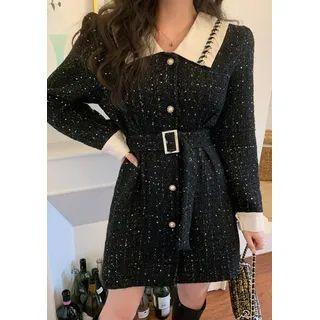 Button-up Tweed Minidress With Belt Black - One Size