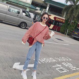 Striped Pullover / Washed Ripped Straight-cut Jeans / Set