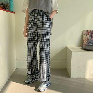 Plaid Straight-cut Pants Plaid - Black & Gray - One Size