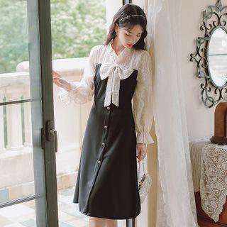Lace Panel Bow Accent Long-sleeve Dress