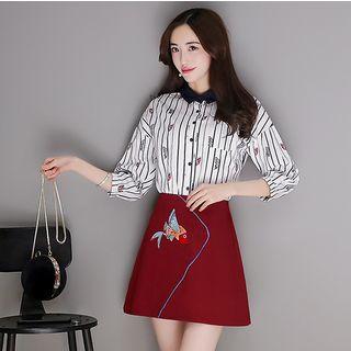 Set: 3/4-sleeve Striped Shirt + A-line Skirt