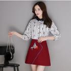 Set: 3/4-sleeve Striped Shirt + A-line Skirt