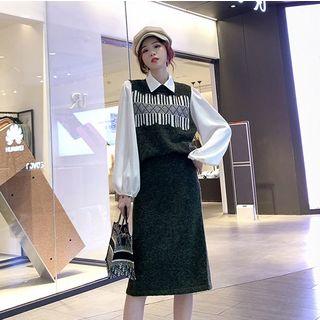 Set: Mock Two Piece Blouse + Midi Skirt
