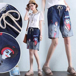 Drawstring Dip-dye Printed Denim Shorts