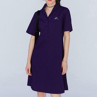 Embroidered Lapel Short-sleeve Dress