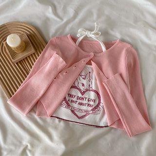 Set - Print Cropped Tank Top + Plain Cardigan