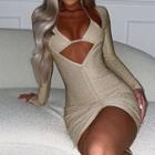Set: Plain Ribbon-back Cropped Halter Top + Drawstring Long-sleeve Mini Bodycon Dress
