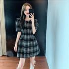 Plaid Puff-sleeve Dress - 2 Colors