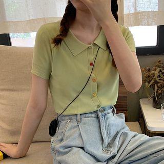 Color Buttoned Short-sleeve Polo Knit Top