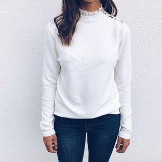 Lace Trim Mock-neck Long-sleeve T-shirt