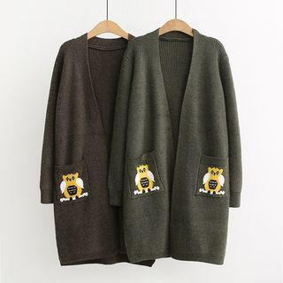 Owl Print Open Front Long Cardigan