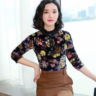 Long-sleeve Mock Neck Print Velvet Top