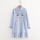 Long-sleeve Embroidered Striped Mini Shirt Dress Light Blue - One Size