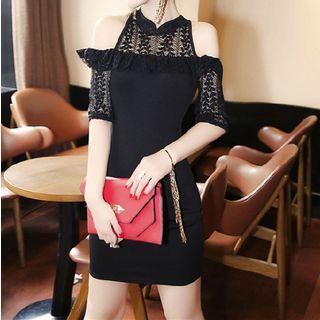 Cut Out Shoulder Lace Panel Short Sleeve Dress