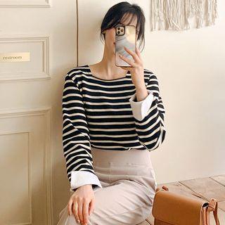 Square-neck Contrast-cuff Stripe T-shirt