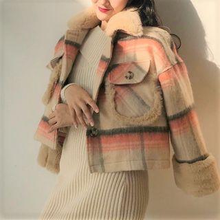 Fleece Trim Plaid Single-breasted Jacket Orange - One Size