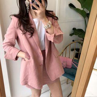 Set: Plain Double Button Blazer + A-line Skirt
