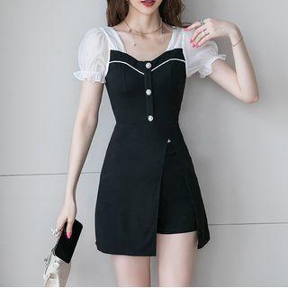 Set: Short-sleeve Two-tone Mini Sheath Dress + Shorts