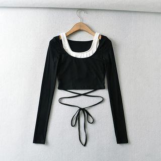 Long-sleeve Mock Two-piece Tie-hem Cropped Top