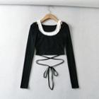 Long-sleeve Mock Two-piece Tie-hem Cropped Top