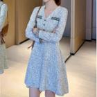 V-neck Long-sleeve Mini A-line Tweed Dress