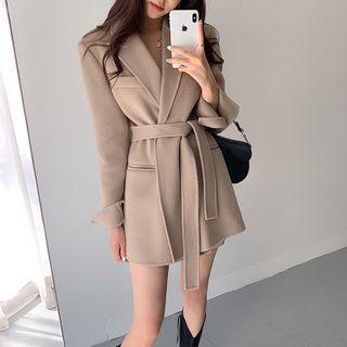 Long-sleeve Tie Waist Plain Coat