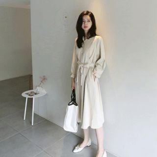 Snap-button Shirtdress With Sash Beige - One Size