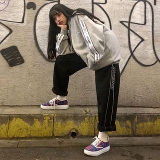 Set: Lettering Trim Zip Hoodie + Lettering Harem Pants Hoodie - Gray - One Size / Pants - Black - One Size