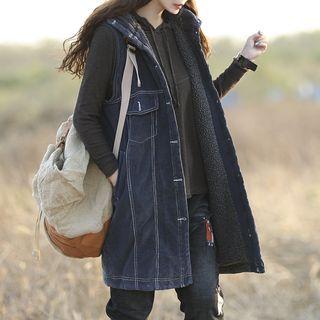 Hooded Buttoned Denim Long Vest