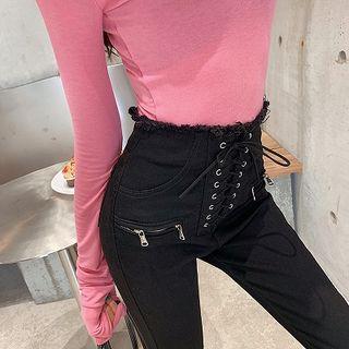 Frayed Hem Lace-up Jeggings