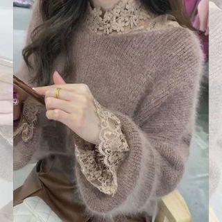 Set: Long-sleeve Mock-neck Lace Top + Plain Sweater