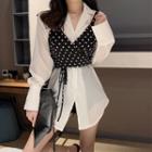 Set: Dot Camisole Top + Plain Long-sleeve Loose-fit Shirt