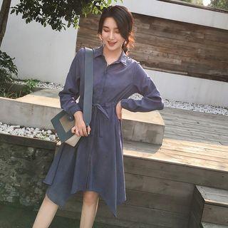 Long-sleeve Drawstring Waist Shirt Dress